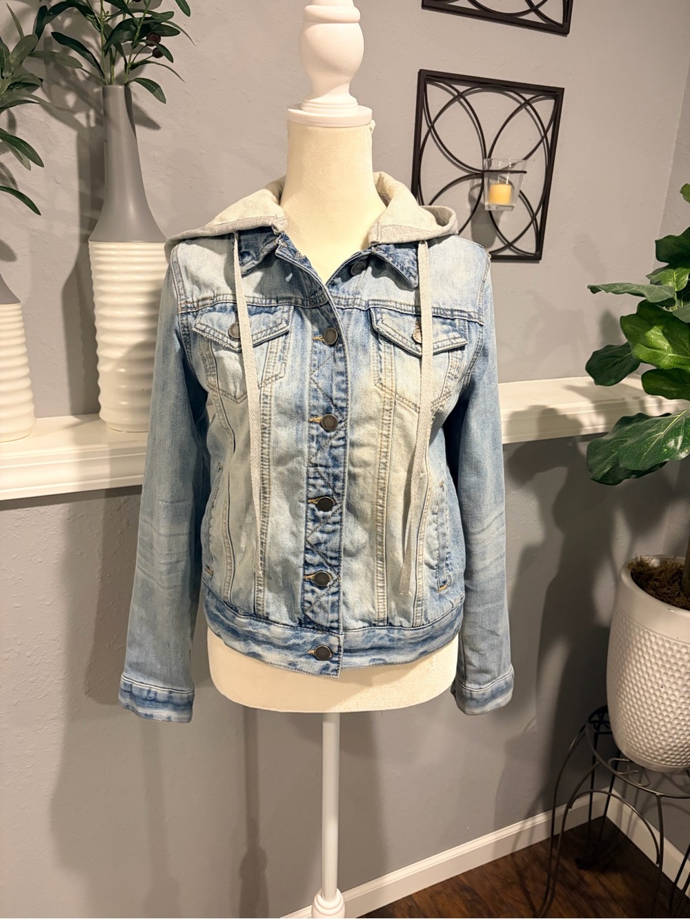 Market & Spruce Light Blue Denim Jacket with Gray Hood